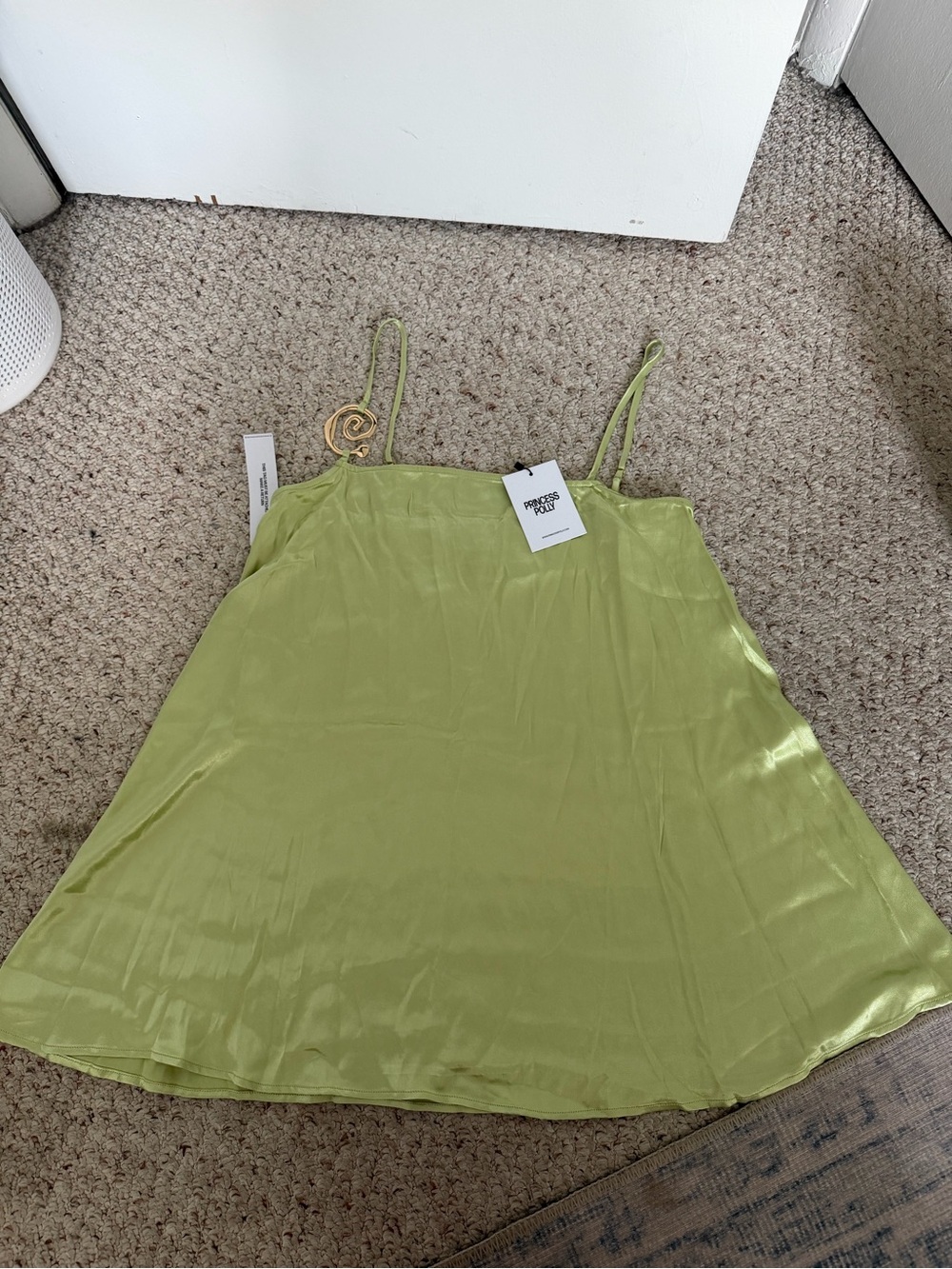 Princess Polly lime green mini dress with gold swirl accent